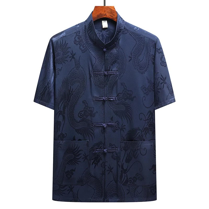 Buddha Stones Dragon Pattern Tang Suit Hanfu Traditional Uniform Short Sleeve Top Pants Clothing Men's Set