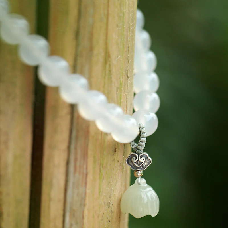 Buddha Stones White Agate Jade Lotus Protection Bracelet