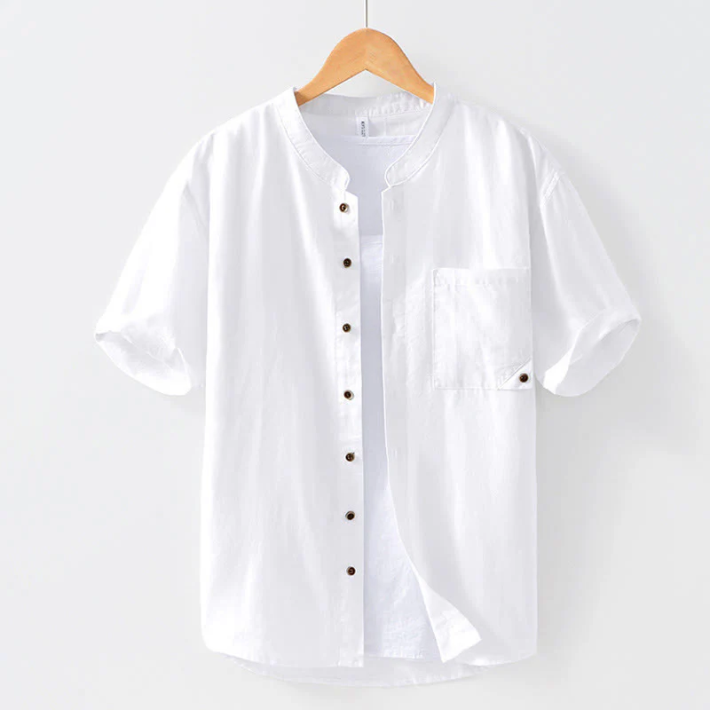 Buddha Stones Summer Buttons Short Sleeve Ramie Linen Cotton Men's Shirt