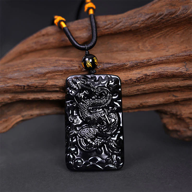 Buddha Stones Natural Black Obsidian Rectangular Dragon Engraved Success Necklace Pendant