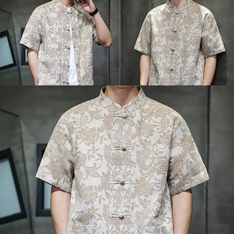 Buddha Stones Casual Jacquard Paisley Flower Plant Pattern Frog-Button Design Men's Cotton Shirt Cardigan With Pockets