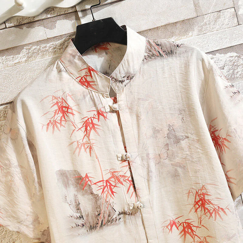 Buddha Stones Summer Bamboo Butterfly Pattern Frog-button Design Men's Shirt Jacket