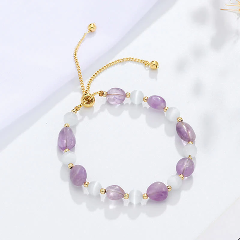 Buddha Stones Amethyst Pink Crystal Black Rutilated Quartz Spiritual Awareness Bracelet