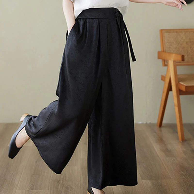 Buddha Stones Casual Jacquard Lace-up Cotton Women's Wide Leg Pants With Pockets