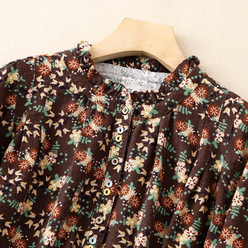 Buddha Stones Casual Florals Crew Neck Cotton Linen Women's Shirt