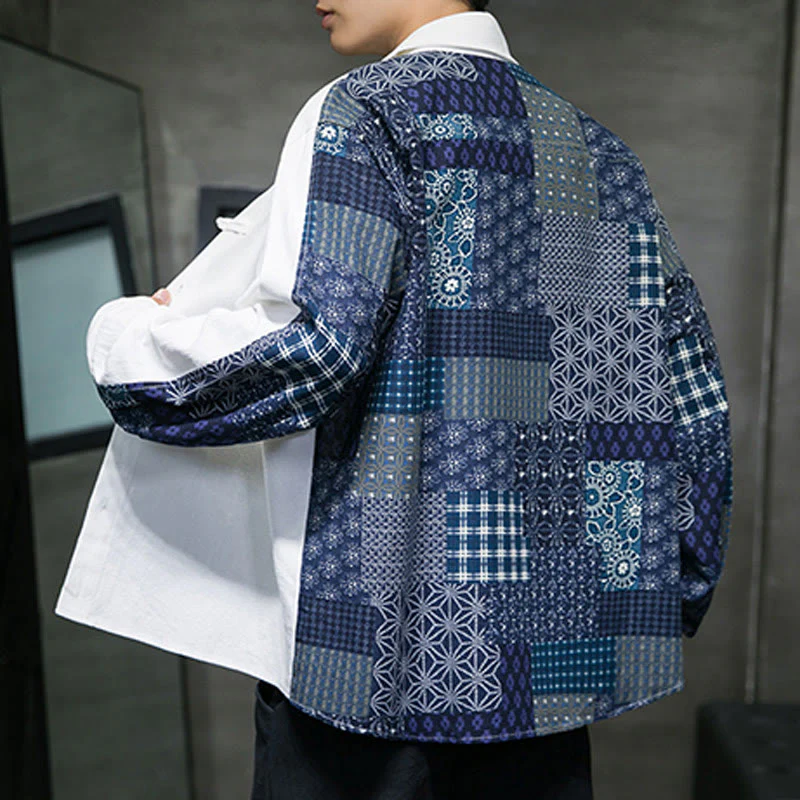 Buddha Stones Men's Flower Pattern Stitching Cotton Blend Long Sleeve Shirt