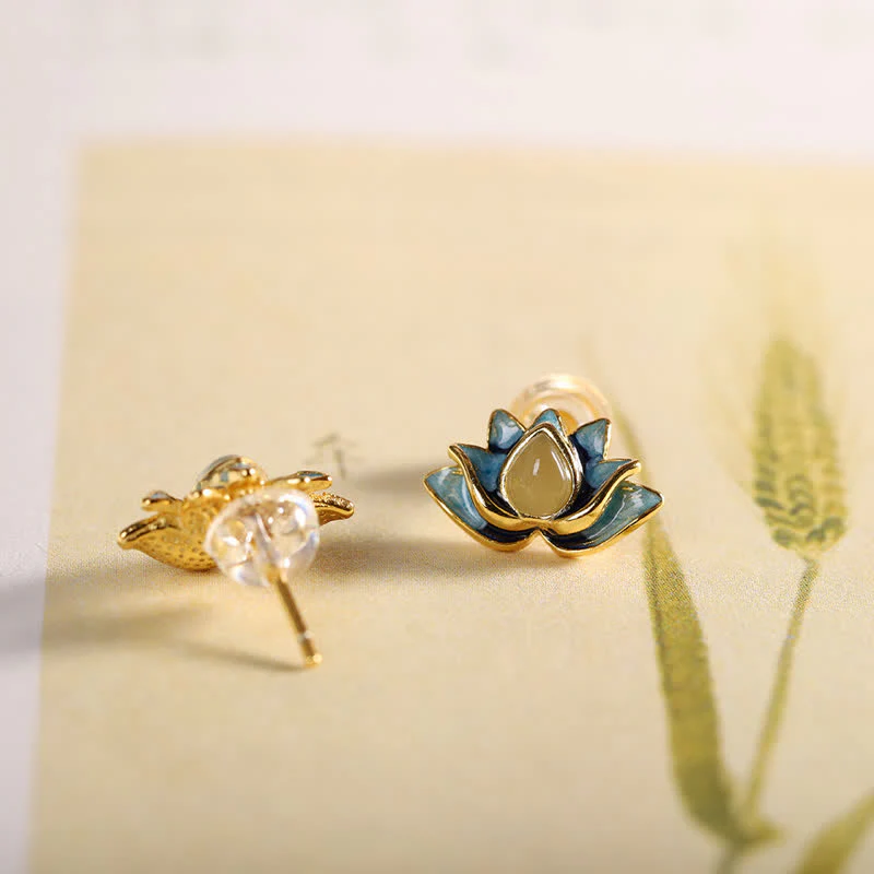 Buddha Stones 925 Sterling Silver Hetian Cyan Jade Lotus Flower Success Earrings