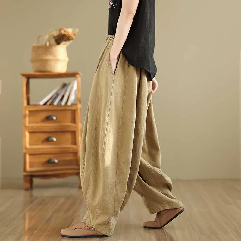 Buddha Stones Spring Casual Simple Design Women's Cotton Linen Harem Pants With Pockets