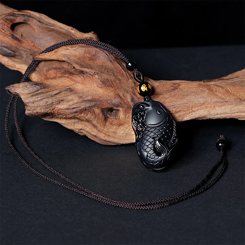 Buddha Stones Natural Black Obsidian Amphioxus Strength Necklace Pendant