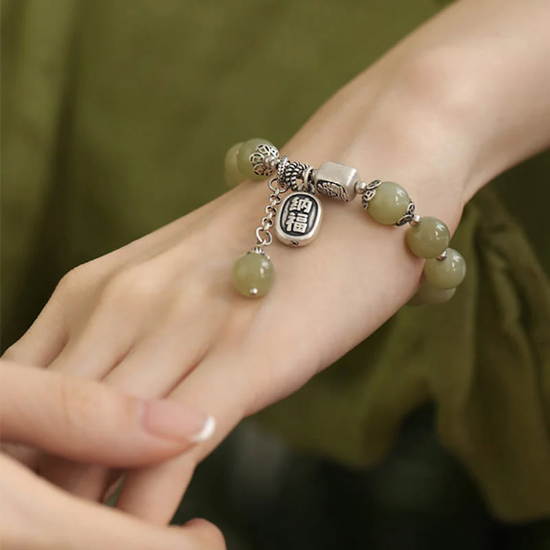 Buddha Stones 925 Sterling Silver Hetian Jade Beads Luck Bracelet