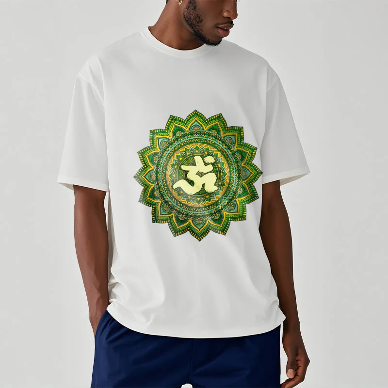 Buddha Stones Casual Green Mandala Om Symbol Pattern Cotton Tee T-shirt