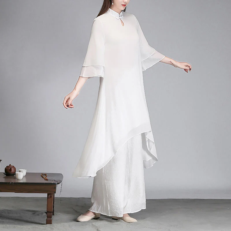 Buddha Stones Solid Women's Three Quarter Sleeve Chiffon Irregular Shirt Dress Wide Leg Pants Meditation Clothing