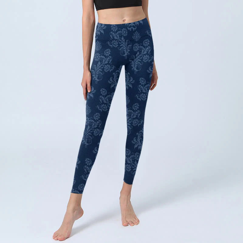 Buddha Stones Blue Floral Leaf Print Gym Leggings Women's Yoga Pants