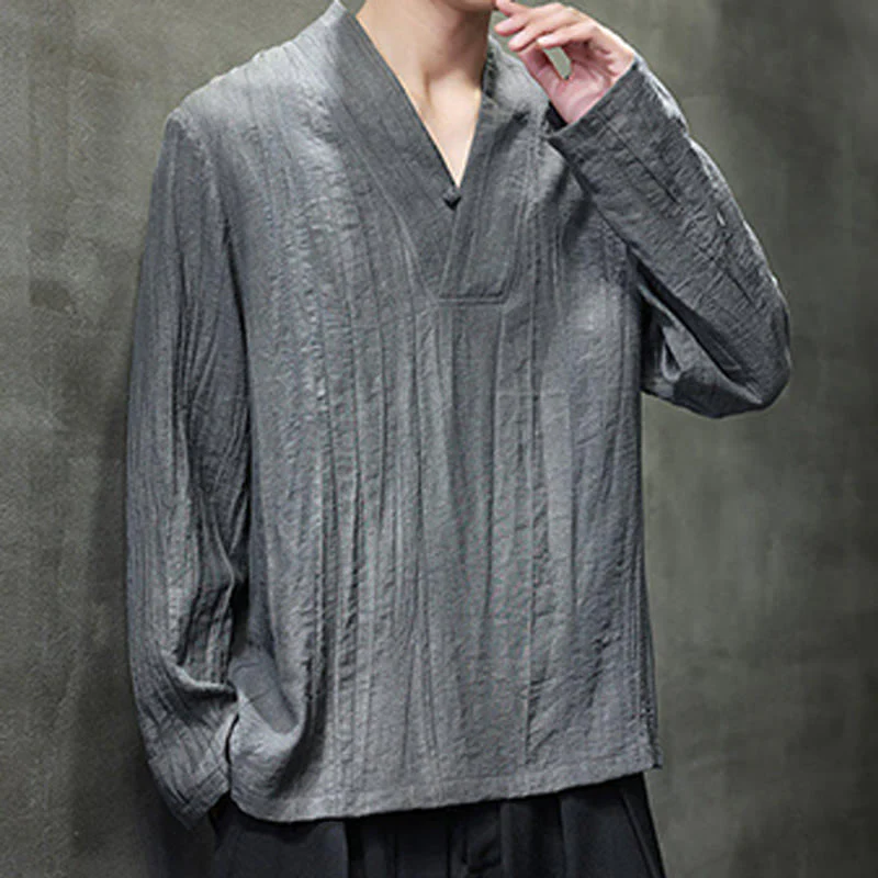 Buddha Stones Plain V-Neck Long Sleeve Men's Linen Shirt