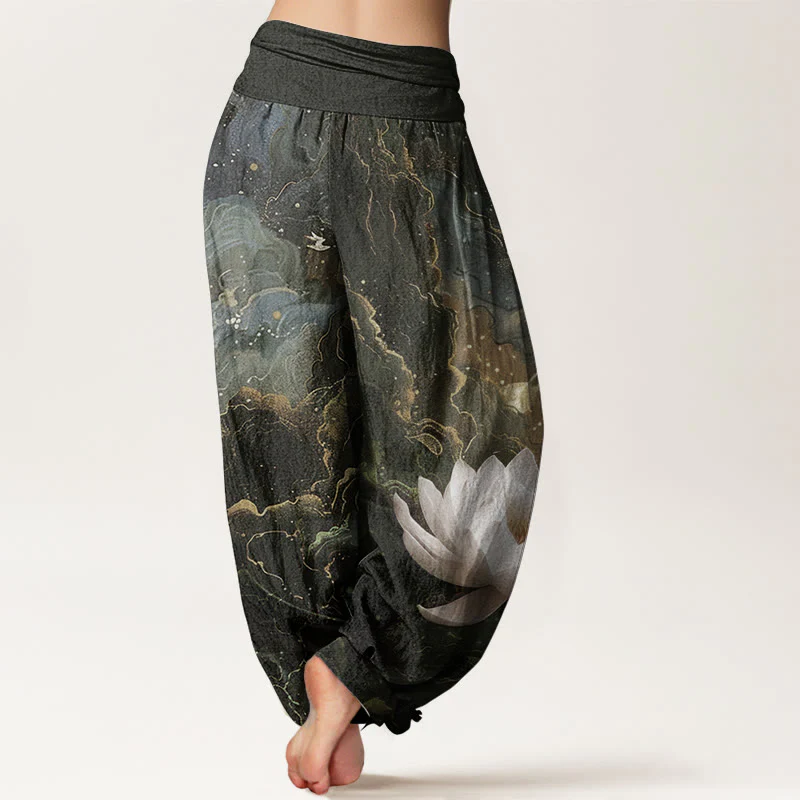Buddha Stones Pure Cotton Casual Lotus Starry Sky Clouds Pattern Women's Elastic Waist Harem Pants