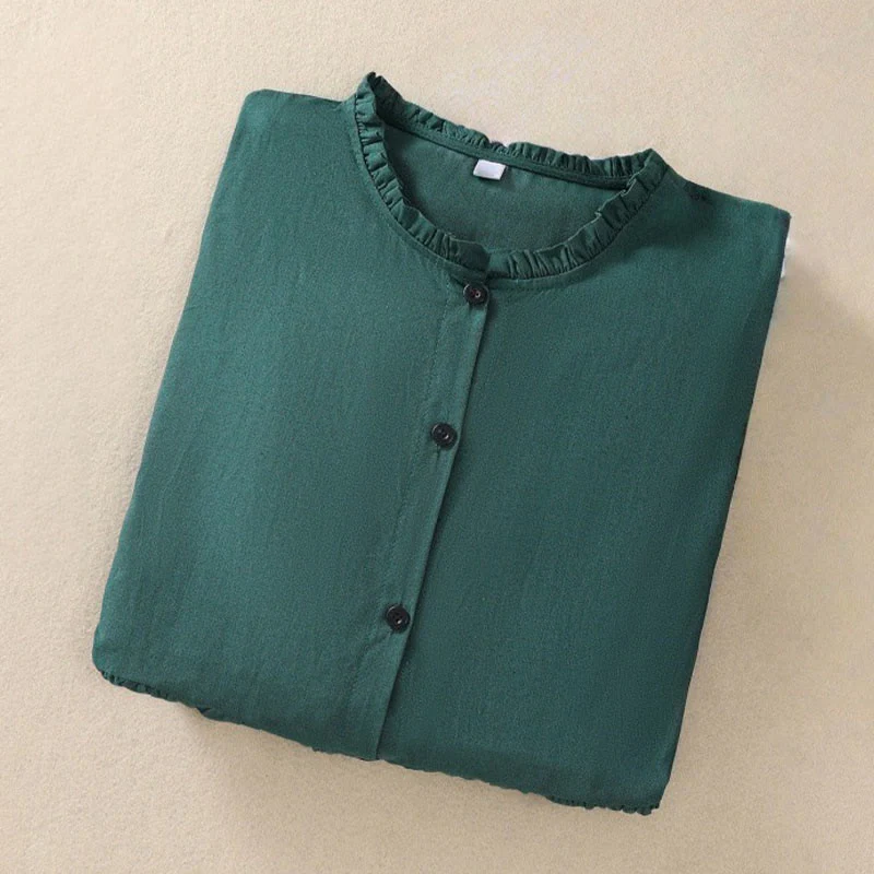 Buddha Stones DarkGreen Plain Ruffled Crew Neck Buttons Design Cotton Midi Dress With Pockets