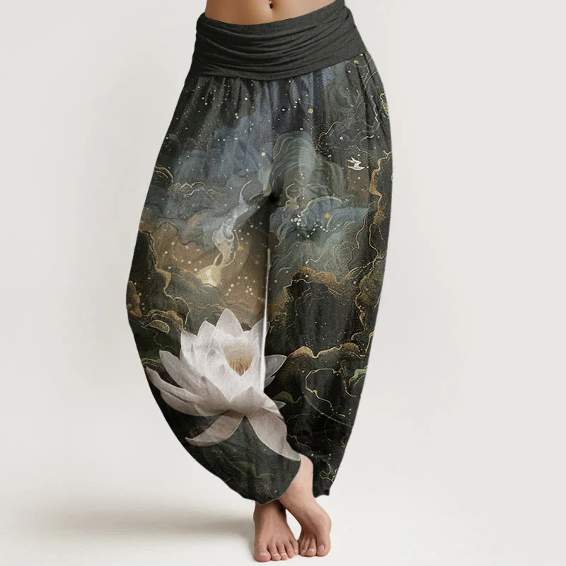 Buddha Stones Pure Cotton Casual Lotus Starry Sky Clouds Pattern Women's Elastic Waist Harem Pants