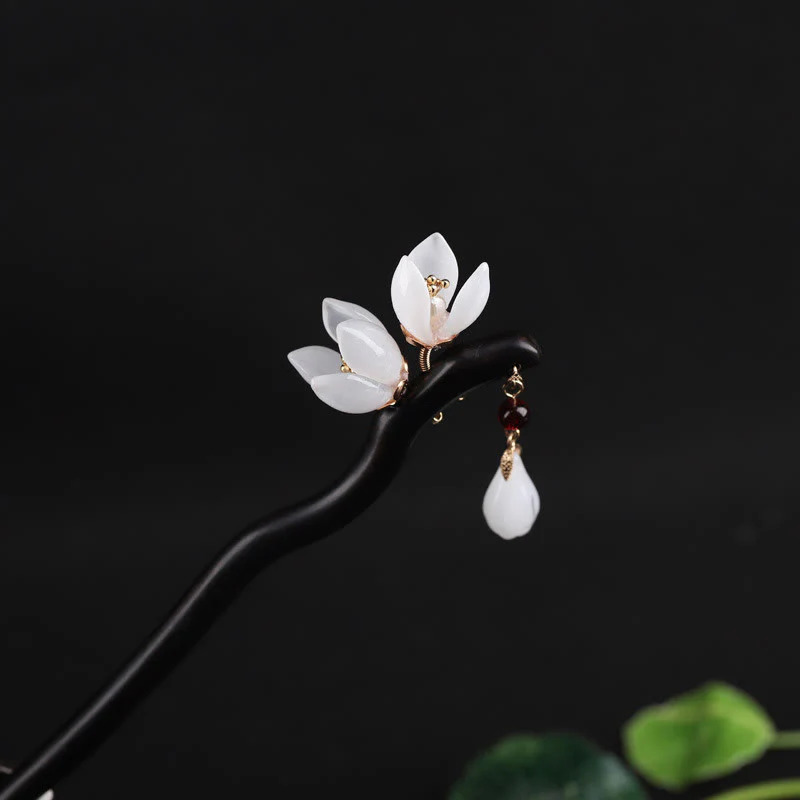 Buddha Stones Ebony Magnolia Flower Petals Blessing Hairpin