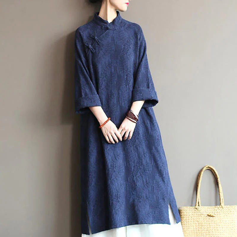 Buddha Stones Flower Jacquard Midi Dress Long Sleeve Cotton Linen Dress Wide Leg Pants With Pockets