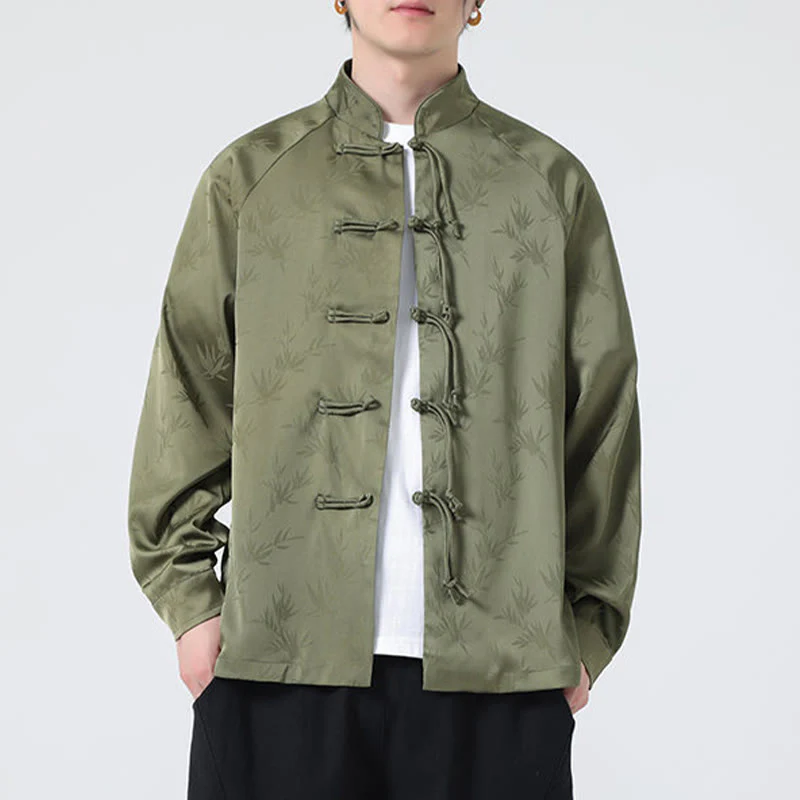 Buddha Stones Spring Jacquard Bamboo Leaves Pattern Chinese Frog-Button Design Men's Long Sleeve Shirt
