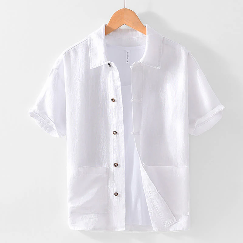 Buddha Stones Solid Summer Short Sleeve Buttons Linen Men's Shirt With Pockets