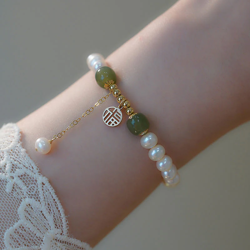 Buddha Stones Natural Pearl Hetian Jade Happiness Wisdom Bead Bracelet