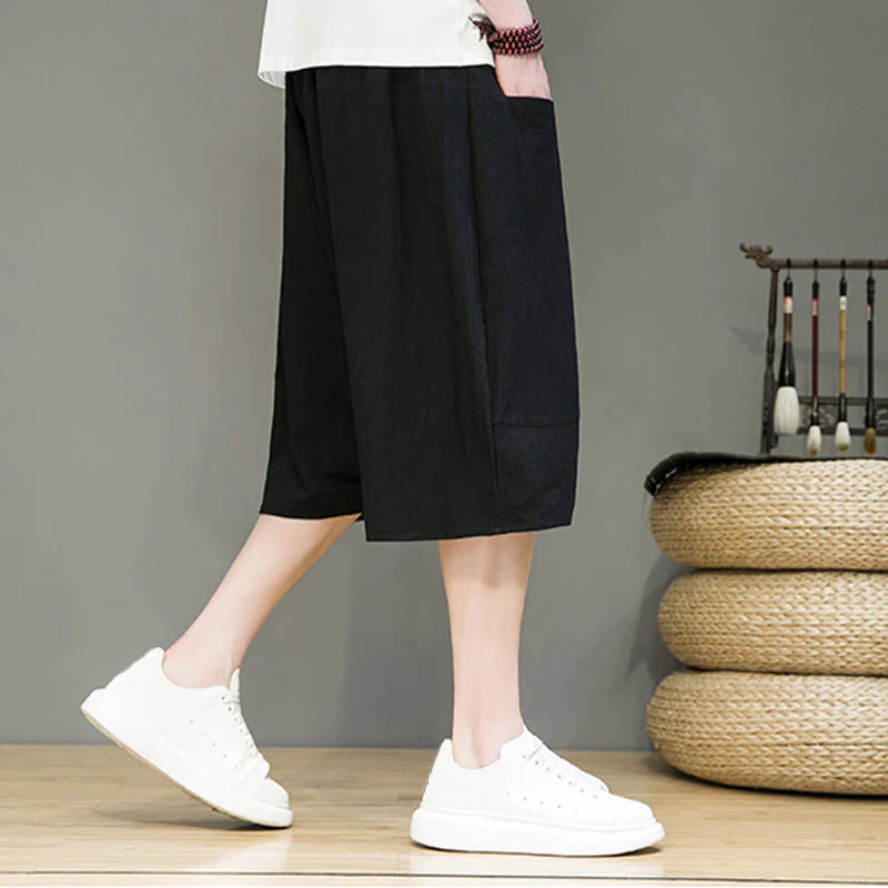 Buddha Stones Casual Drawstring Cotton Linen Men's Capri Harem Pants With Pockets