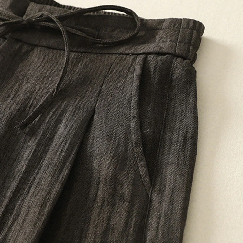 Buddha Stones Summer Plain Drawstring Zipper Design Women's Wide Leg Cotton Pants With Pockets