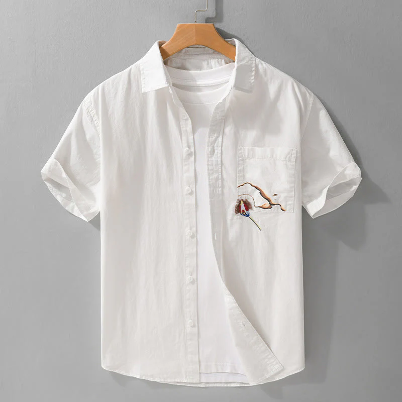Buddha Stones Casual Embroidery Match Flame Pattern Lapel Men's Short Sleeve Cotton Shirt With Pocket