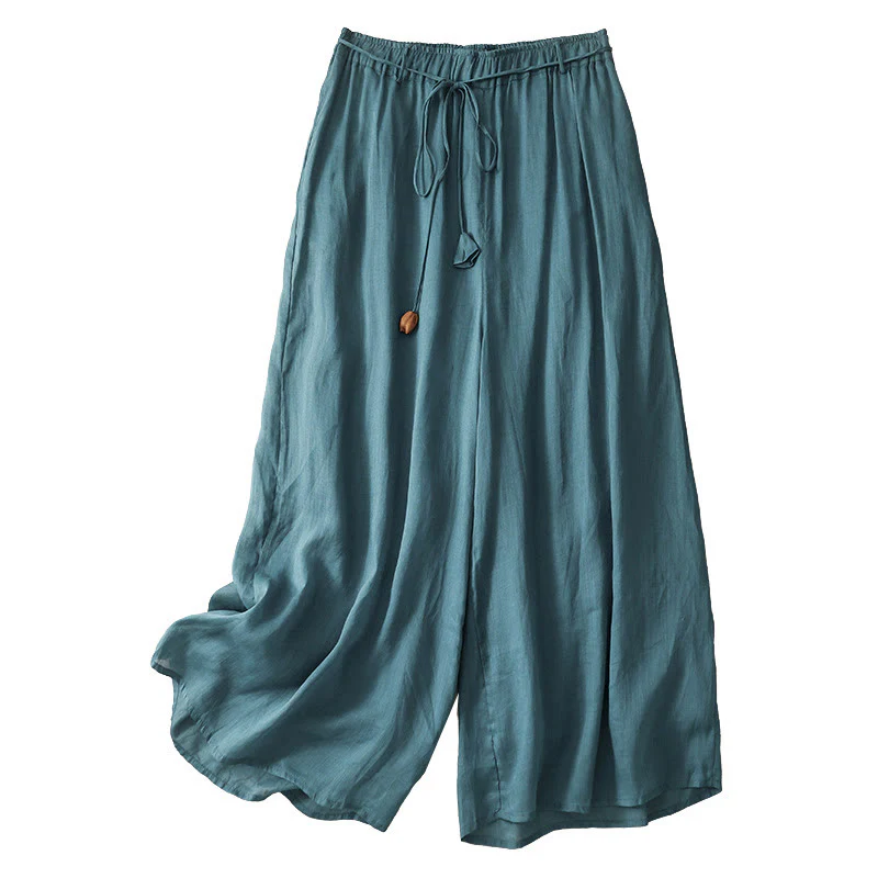 Buddha Stones Simple Design Drawstring Linen Women's Wide Leg Pants With Pockets