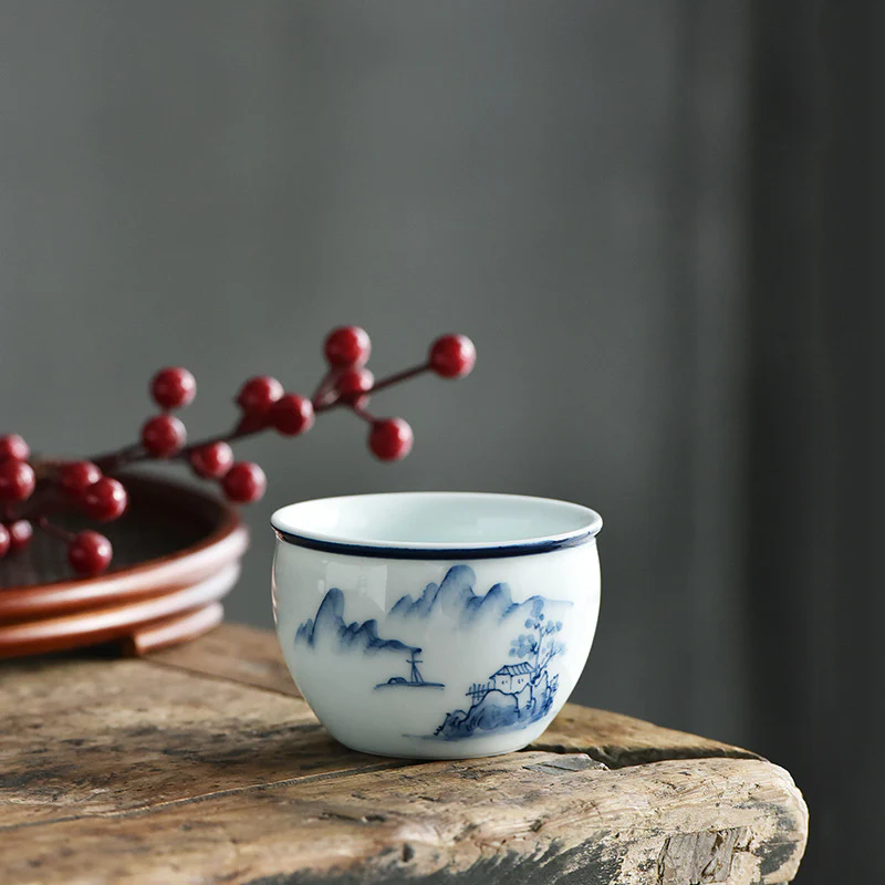 Buddha Stones Koi Fish Lotus Flower Leaf Mountains Tree Ceramic Teacup Kung Fu Tea Cup 130ml