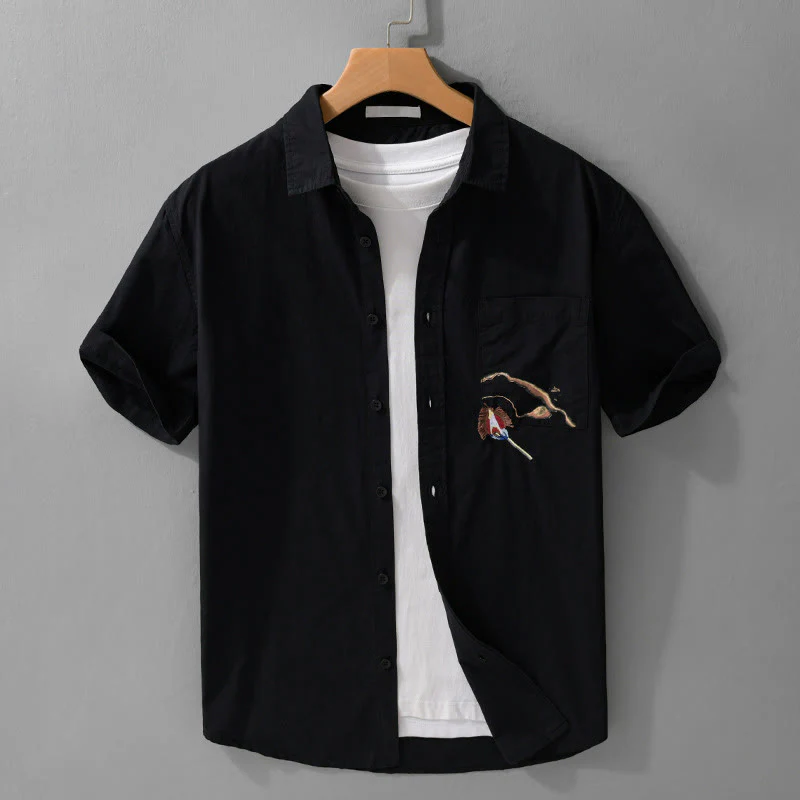 Buddha Stones Casual Embroidery Match Flame Pattern Lapel Men's Short Sleeve Cotton Shirt With Pocket