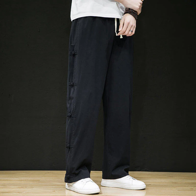 Buddha Stones Casual Patchwork Crane Pattern Frog-Button Design Men's Wide Leg Pants With Pockets
