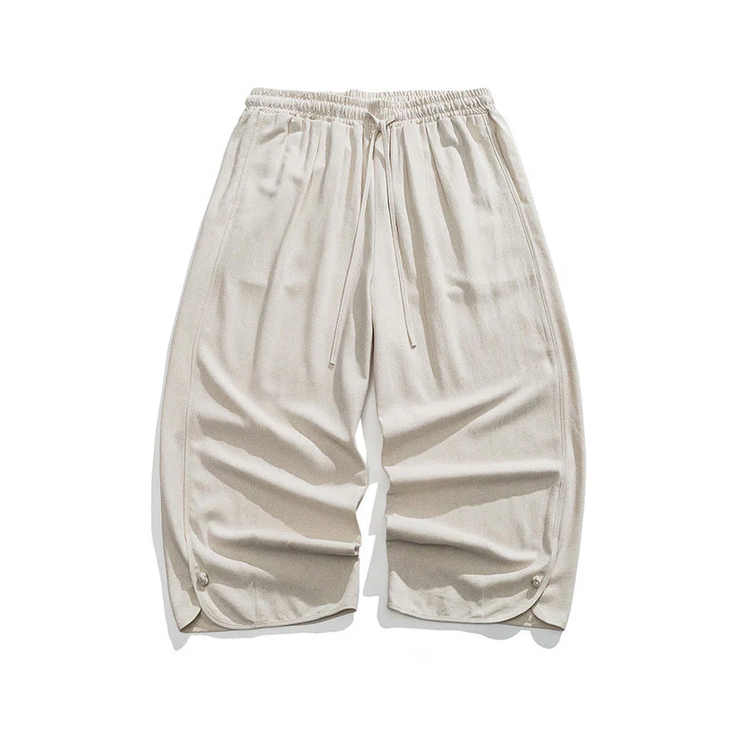 Buddha Stones Casual Loose Frog-Button Plain Men's Cotton Linen 7-8 Length Pants With Pockets