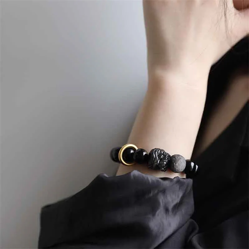 Buddha Stones Black Obsidian Silver Sheen Obsidian Lion Strength Bracelet