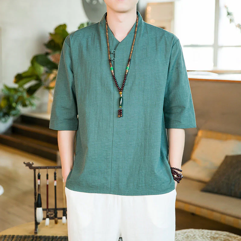 Buddha Stones Summer Vintage Solid Color Frog-Button Design Men's Cotton Three Quarter Sleeve Shirt