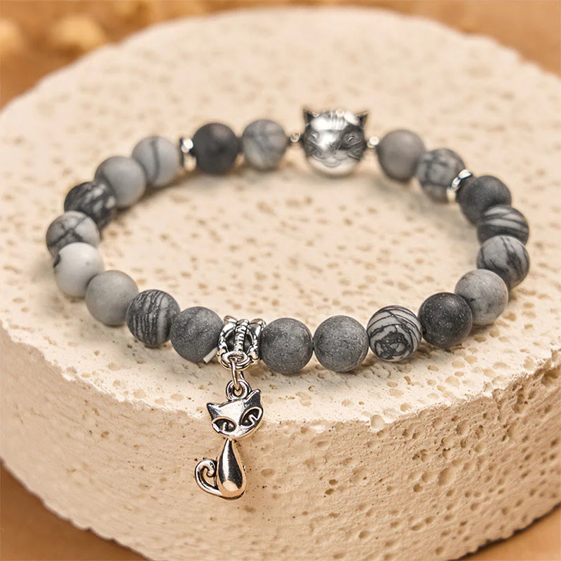 Buddha Stones Grey Tabby Cat Natural Black Veined Jasper Strength Bracelet