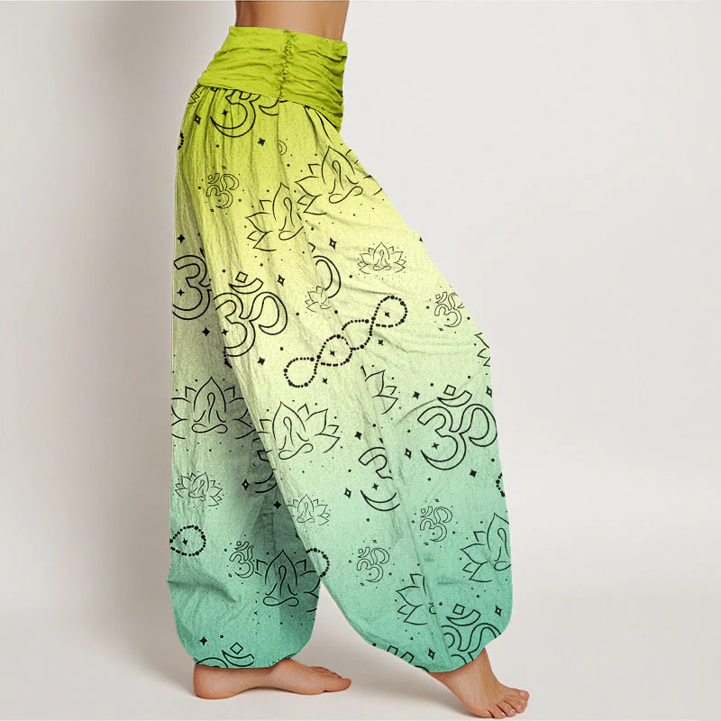 Buddha Stones OM Symbol Lotus Meditating Figure Infinity Pattern Women's Elastic Waist Harem Pants