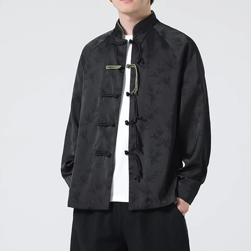 Buddha Stones Spring Jacquard Bamboo Leaves Pattern Chinese Frog-Button Design Men's Long Sleeve Shirt
