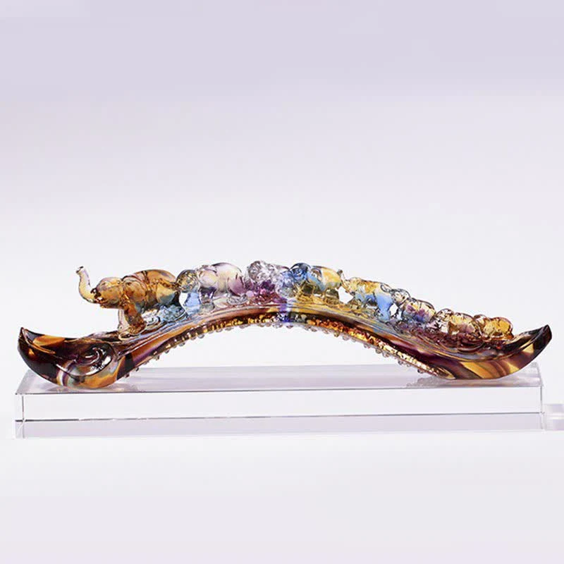 Buddha Stones Handmade Liuli Crystal Ruyi Elephant Art Piece Home Decoration With Crystal Base