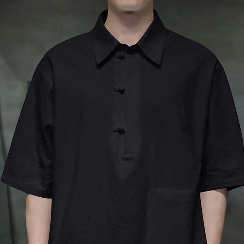 Buddha Stones Commute Plain Half Buttons Design Men's Cotton Linen Shirt With Pocket