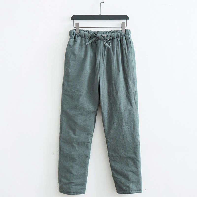 Buddha Stones Winter Solid Men's Drawstring Cotton Fleece Lined Pants With Pockets