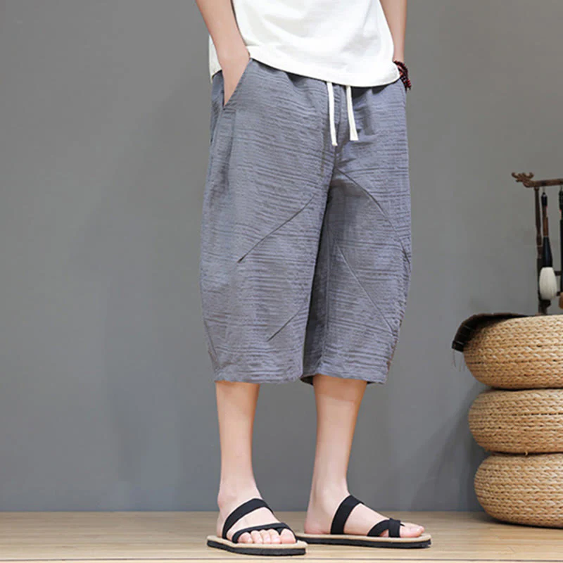 Buddha Stones Vintage Jacquard Solid Color Drawstring Cropped Cotton Linen Men's Harem Pants With Pockets