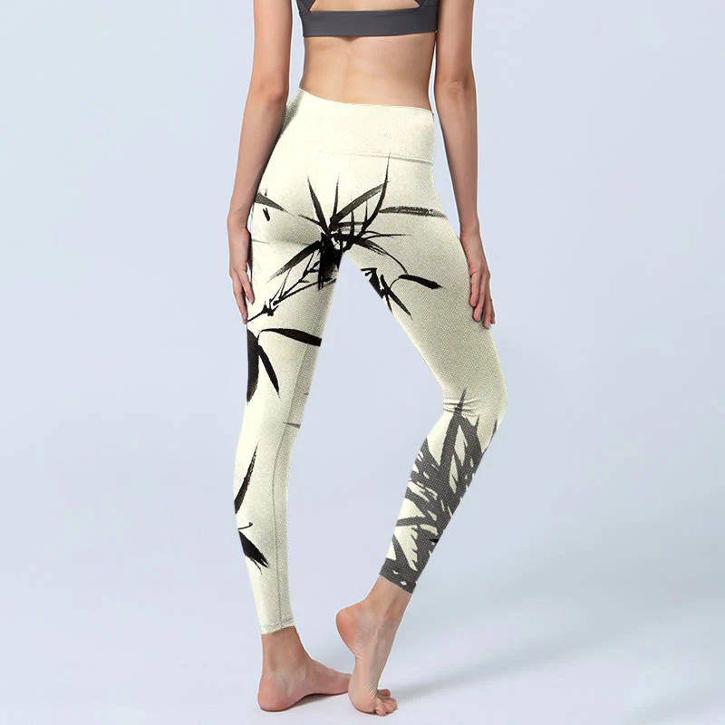 Buddha Stones Ink Painting Bamboo Leaves Print Sports Leggings Women's Yoga Pants