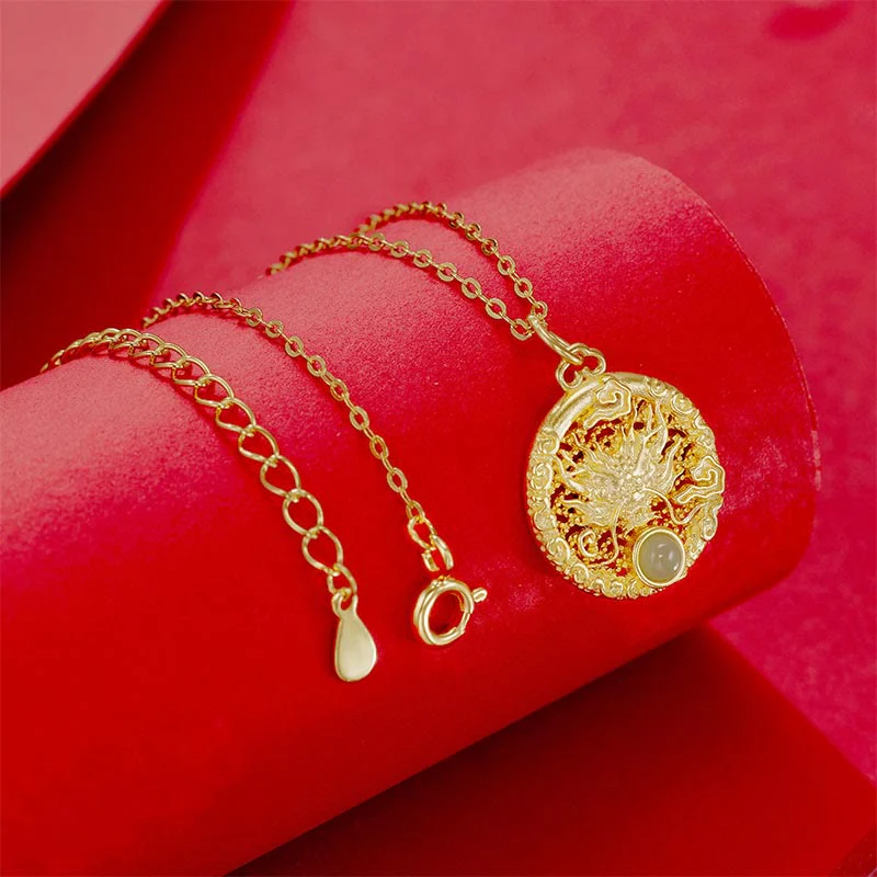 Buddha Stones 925 Sterling Silver Year Of The Dragon Round Natural Hetian Jade Inlaid Strength Necklace Pendant (Extra 30% Off | USE CODE: FS30)