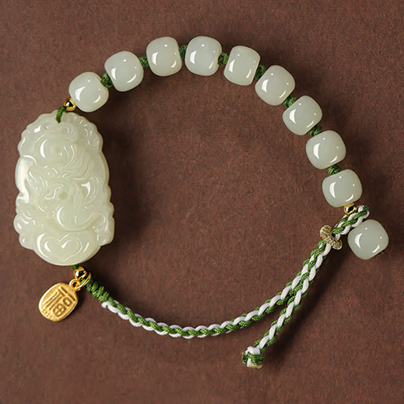 Buddha Stones 925 Sterling Silver Chinese Zodiac Hetian Jade Happiness Luck String Bracelet