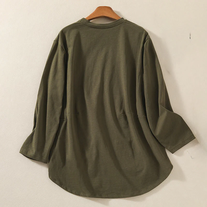 Buddha Stones Casual Pure Irregular Hem Cotton Linen Women's Long Sleeve T-shirt