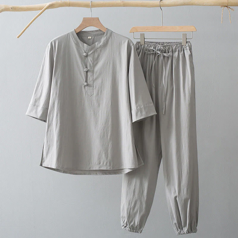 Buddha Stones Frog-Button Three Quarter Sleeve Shirt Pants Men's Suit