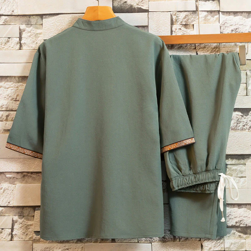 Buddha Stones 2Pcs Tree Pattern Cotton Linen Frog-Button Short Sleeve Shirt Pants Men's Set