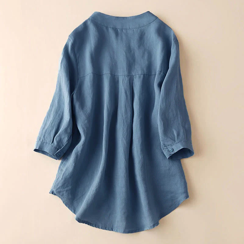 Buddha Stones Casual Women's V-neck Three Quarter Sleeve Design Plain Cotton Linen Shirt